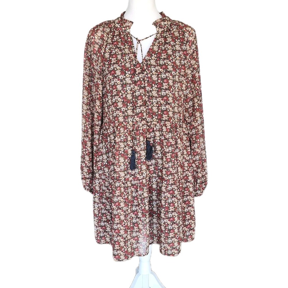 Entro Dress Womens Medium Olive Brown Floral Balloon Sleeve Cottagecore Prairie